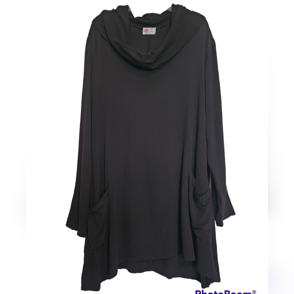 LINNEA Brown Cowl Neck Tunic Dress Long Sleeve 2 Pockets Large